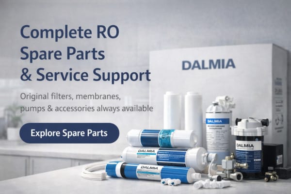 Dalmia RO spare parts including filters, membranes, pumps and accessories neatly displayed on kitchen counter