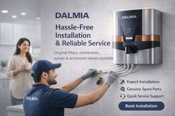 Dalmia Alkaline RO technician installing water purifier with professional tools at customer home