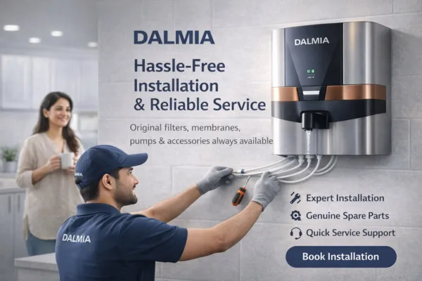 Dalmia Alkaline RO technician installing water purifier with professional tools at customer home