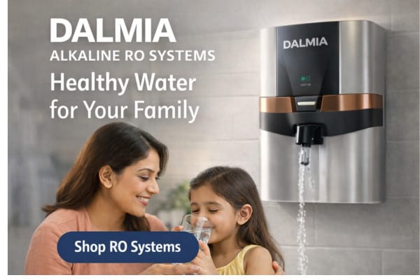 Mother and child drinking clean water from Dalmia Alkaline RO purifier installed in modern kitchen
