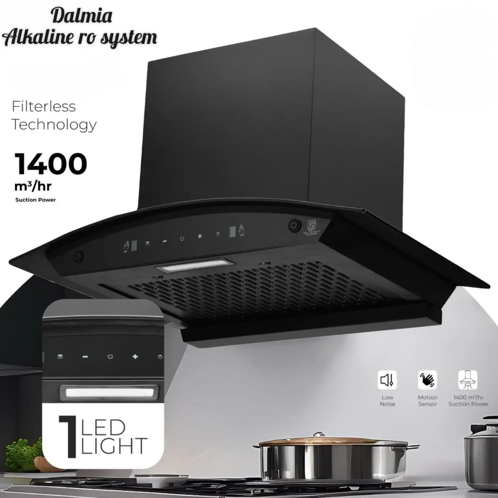 Dalmia motion sensor filterless kitchen chimney with 1400 m3 hr suction