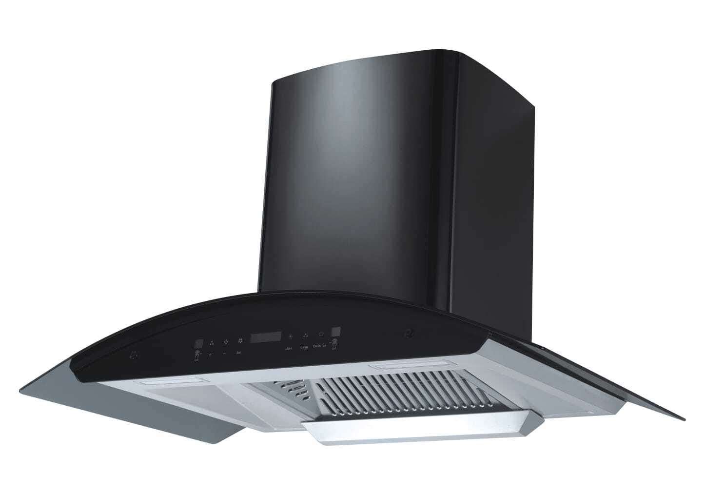 90 cm black curved glass auto clean kitchen chimney wall mounted for modular kitchen